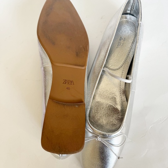 Zara Silver Metallic Square Toe Ballet Flats Balletcore Size 40 - Picture 5 of 5